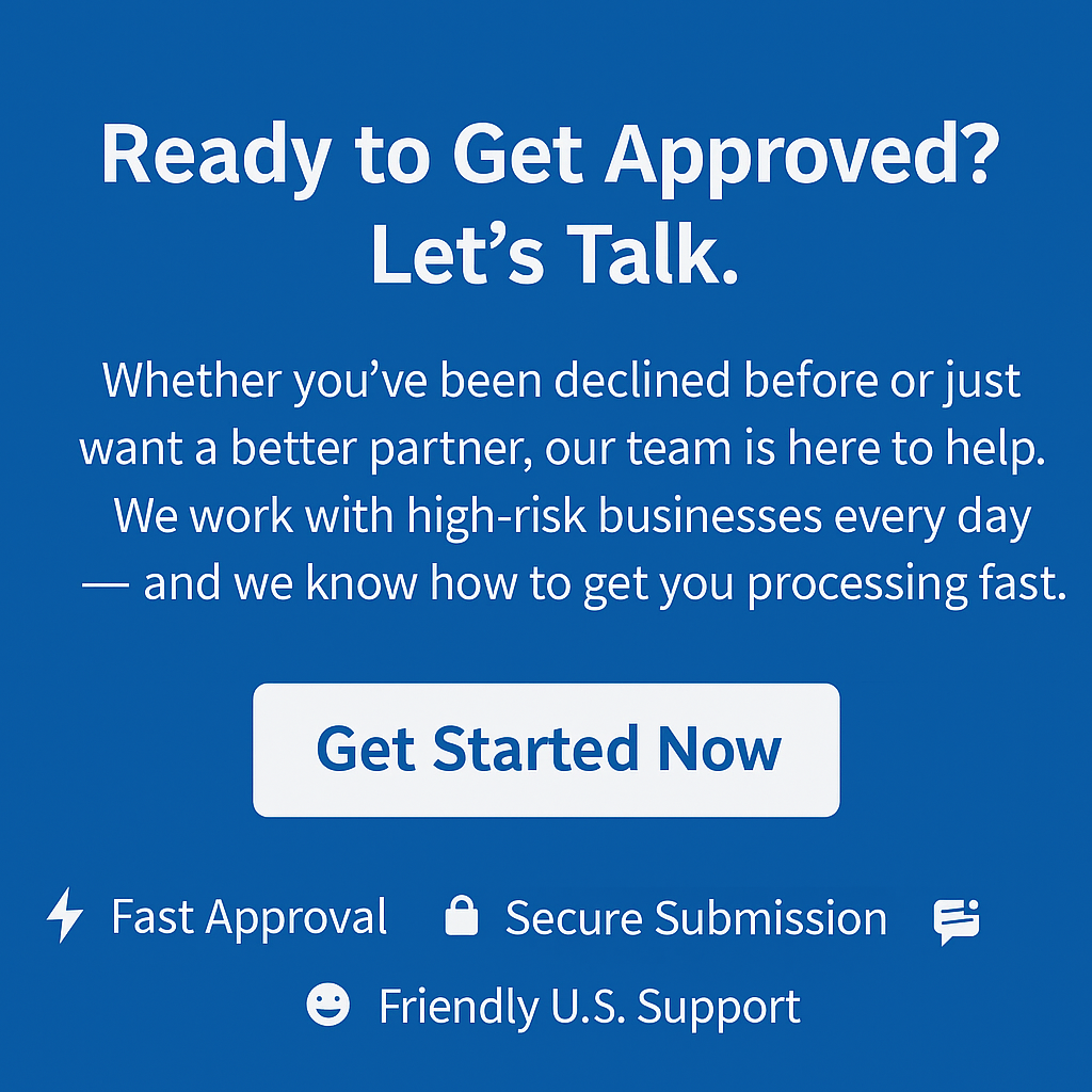 Blue call-to-action banner with Get Started Now button and fast approval icons